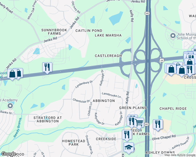 map of restaurants, bars, coffee shops, grocery stores, and more near 106 Lyndenbury Drive in Apex