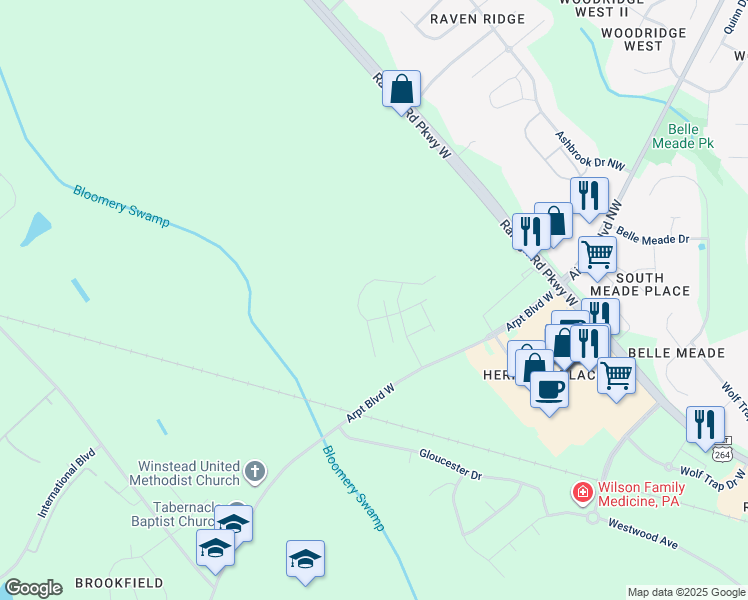 map of restaurants, bars, coffee shops, grocery stores, and more near 3807 Cessna Way in Wilson