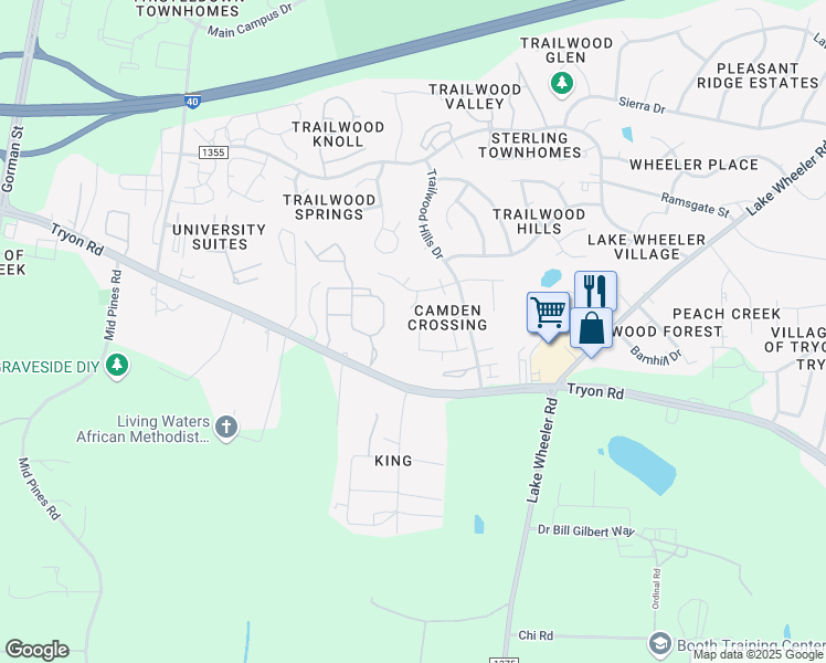 map of restaurants, bars, coffee shops, grocery stores, and more near 2910 Barrymore Street in Raleigh