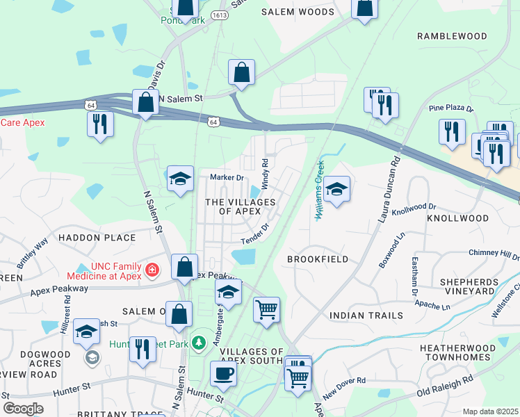 map of restaurants, bars, coffee shops, grocery stores, and more near 1001 Windy Road in Apex