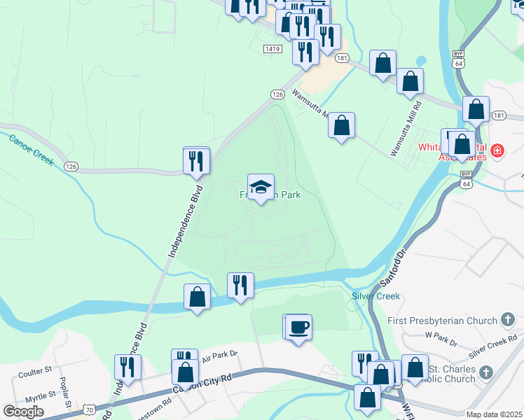 map of restaurants, bars, coffee shops, grocery stores, and more near 511 Independence Boulevard in Morganton