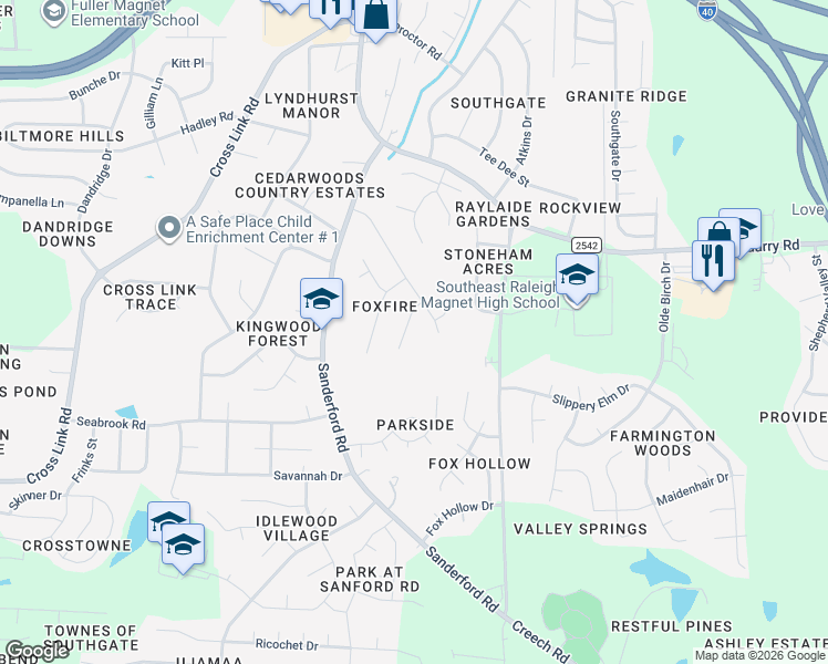 map of restaurants, bars, coffee shops, grocery stores, and more near 2509 Foxgate Drive in Raleigh