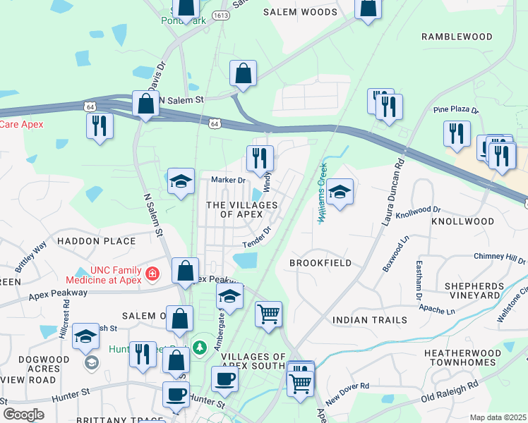 map of restaurants, bars, coffee shops, grocery stores, and more near 1001 Windy Road in Apex