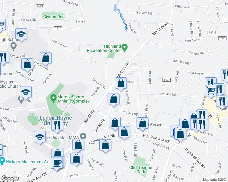 map of restaurants, bars, coffee shops, grocery stores, and more near 1220 9th Street Northeast in Hickory