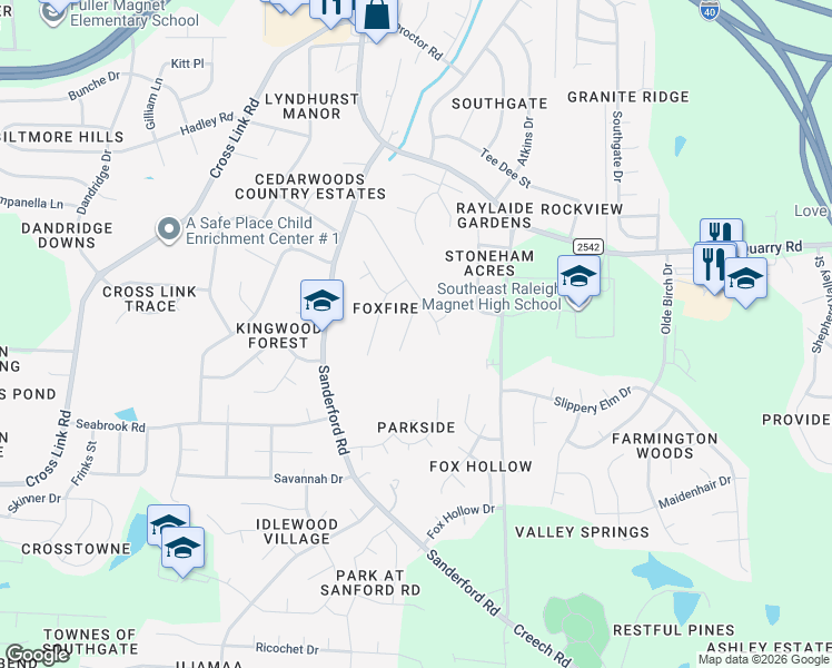 map of restaurants, bars, coffee shops, grocery stores, and more near 2509 Foxgate Drive in Raleigh