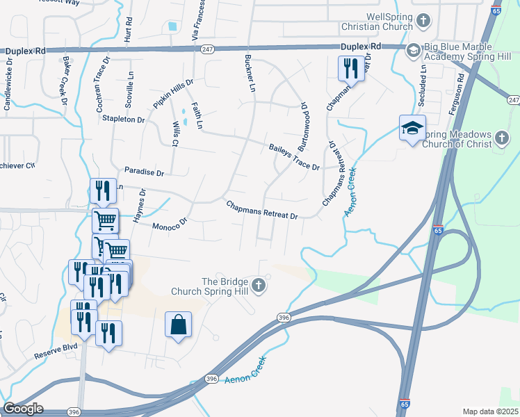 map of restaurants, bars, coffee shops, grocery stores, and more near 1315 Chapman's Retreat Drive in Spring Hill