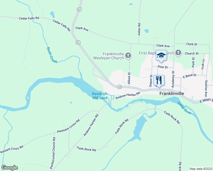 map of restaurants, bars, coffee shops, grocery stores, and more near 111 Smith Street in Franklinville
