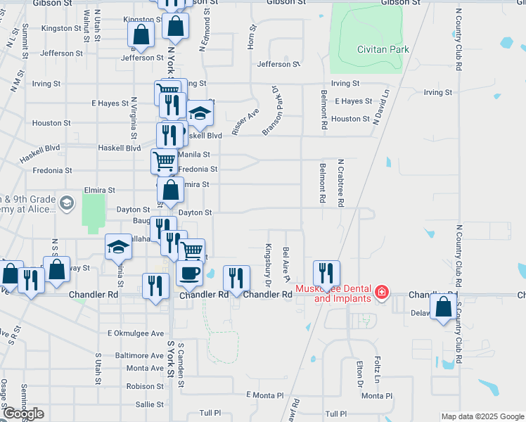 map of restaurants, bars, coffee shops, grocery stores, and more near 2502 Dayton Street in Muskogee