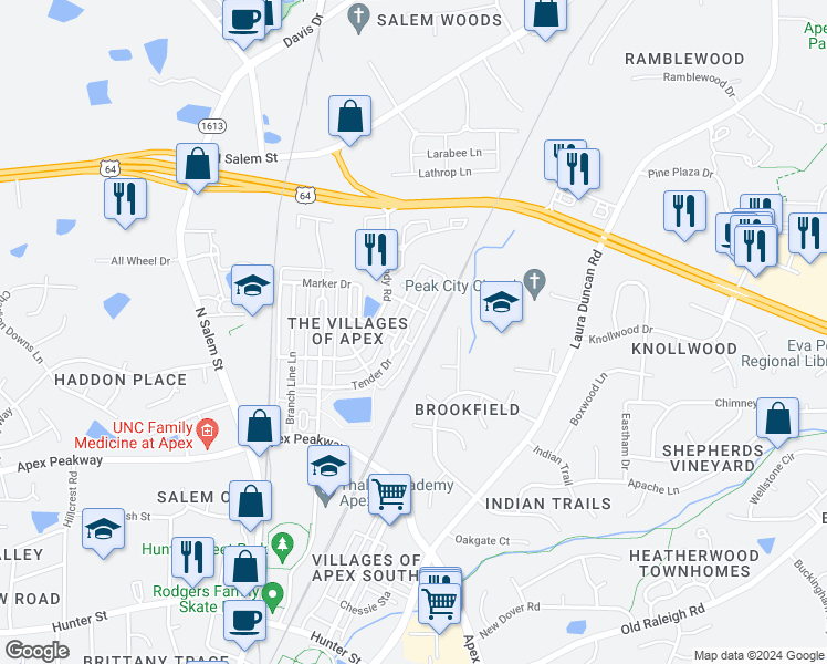 map of restaurants, bars, coffee shops, grocery stores, and more near 993 Tender Drive in Apex