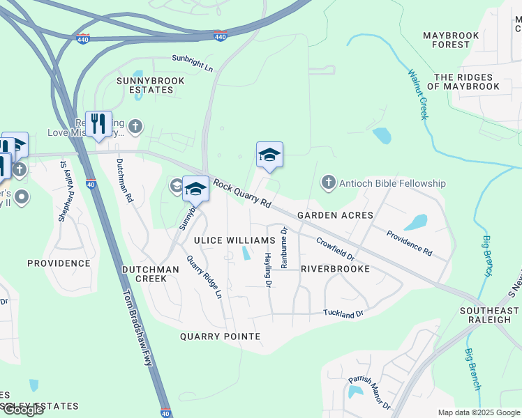 map of restaurants, bars, coffee shops, grocery stores, and more near 3910 Rock Quarry Road in Raleigh