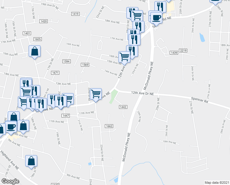 map of restaurants, bars, coffee shops, grocery stores, and more near 1299 23rd Avenue Northeast in Hickory