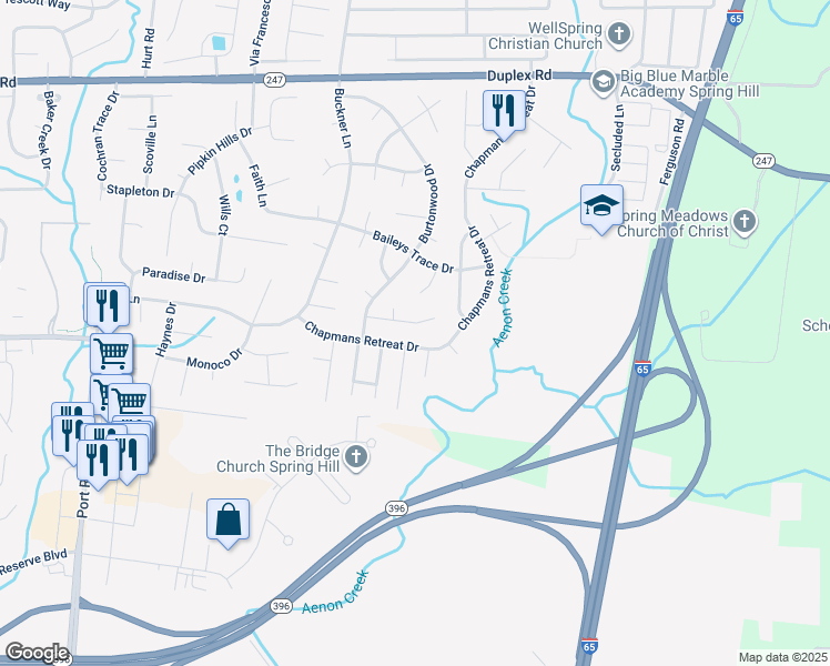 map of restaurants, bars, coffee shops, grocery stores, and more near 6008 Thrush Court in Spring Hill