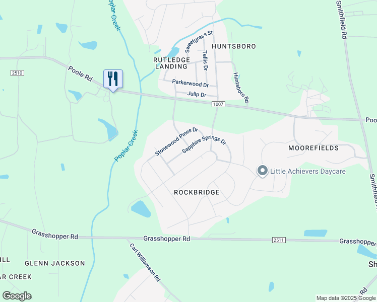map of restaurants, bars, coffee shops, grocery stores, and more near 5228 Sapphire Springs Drive in Knightdale