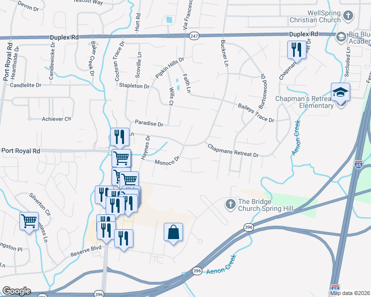 map of restaurants, bars, coffee shops, grocery stores, and more near 2970 Buckner Lane in Spring Hill