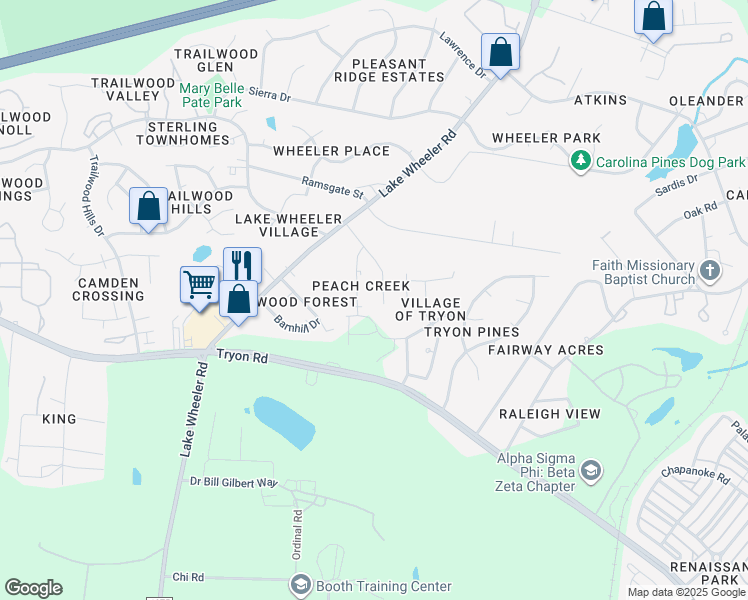 map of restaurants, bars, coffee shops, grocery stores, and more near 1904 Tischer Road in Raleigh