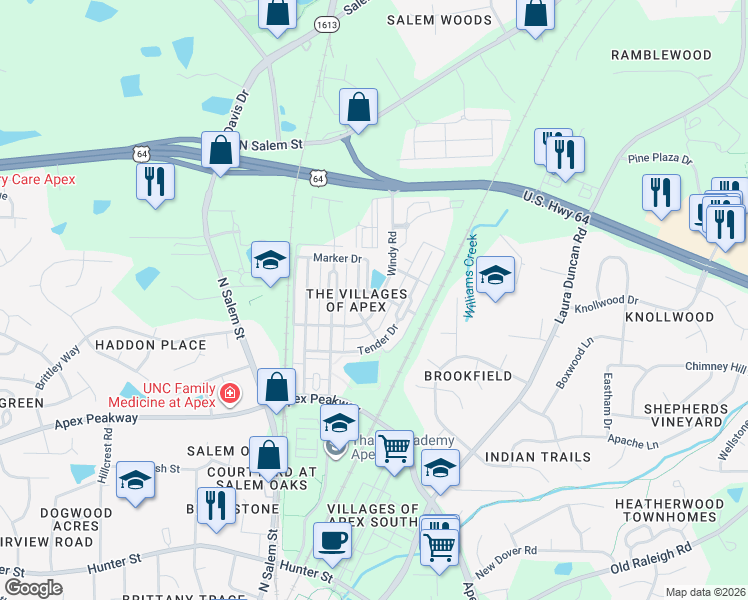 map of restaurants, bars, coffee shops, grocery stores, and more near 1101 Wandle Lane in Apex