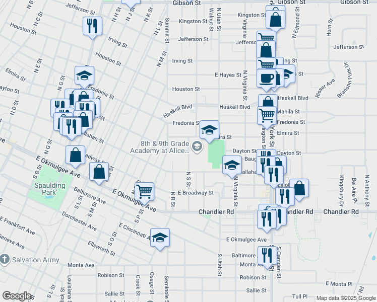map of restaurants, bars, coffee shops, grocery stores, and more near 399 North S Street in Muskogee