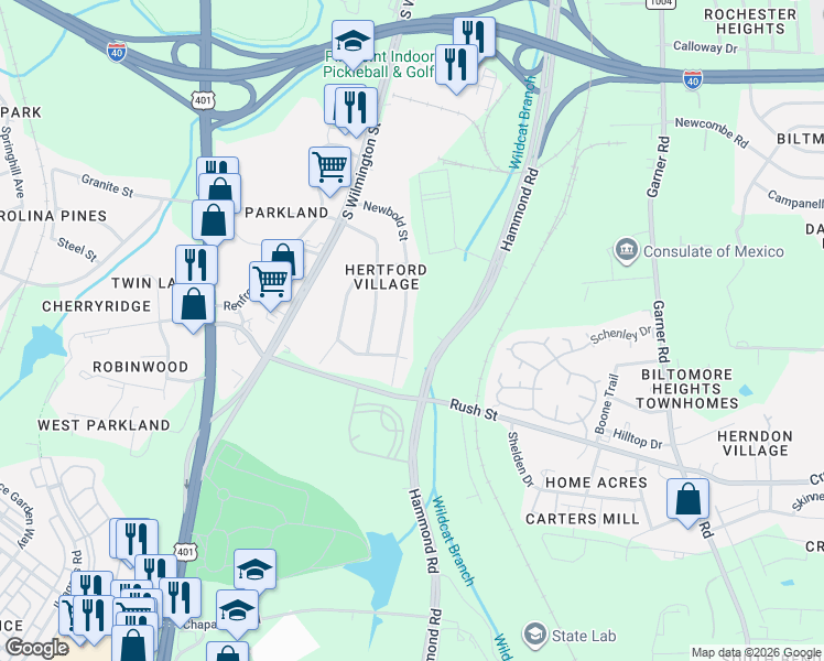 map of restaurants, bars, coffee shops, grocery stores, and more near 2733 Newbold Street in Raleigh