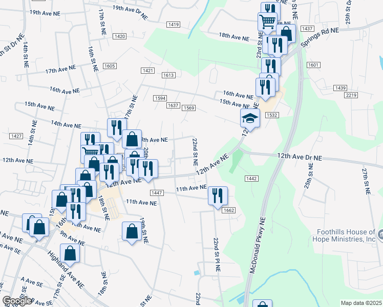 map of restaurants, bars, coffee shops, grocery stores, and more near 1261 22nd Street Northeast in Hickory