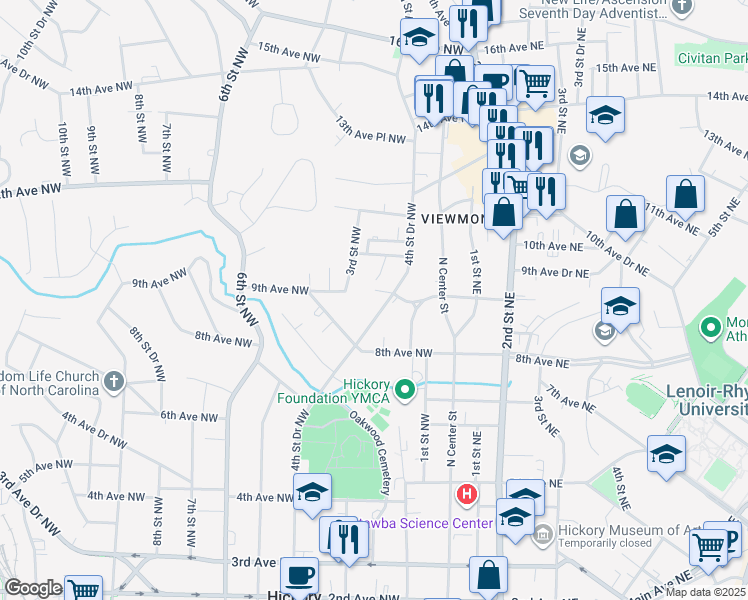 map of restaurants, bars, coffee shops, grocery stores, and more near 873 4th Street Drive Northwest in Hickory