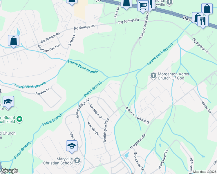 map of restaurants, bars, coffee shops, grocery stores, and more near 1251 Branch Creek Lane in Maryville