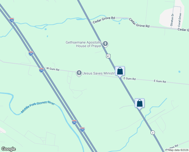 map of restaurants, bars, coffee shops, grocery stores, and more near 7138 West Gum Road in Murfreesboro