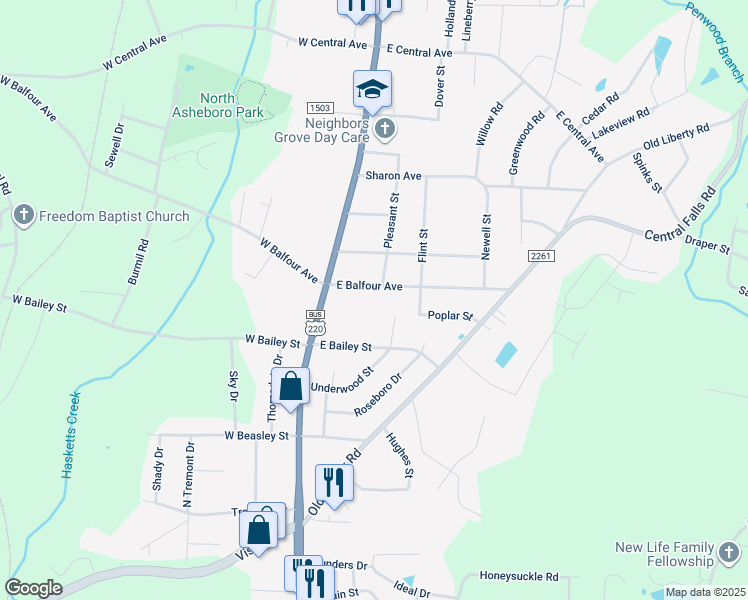 map of restaurants, bars, coffee shops, grocery stores, and more near 126 East Balfour Avenue in Asheboro