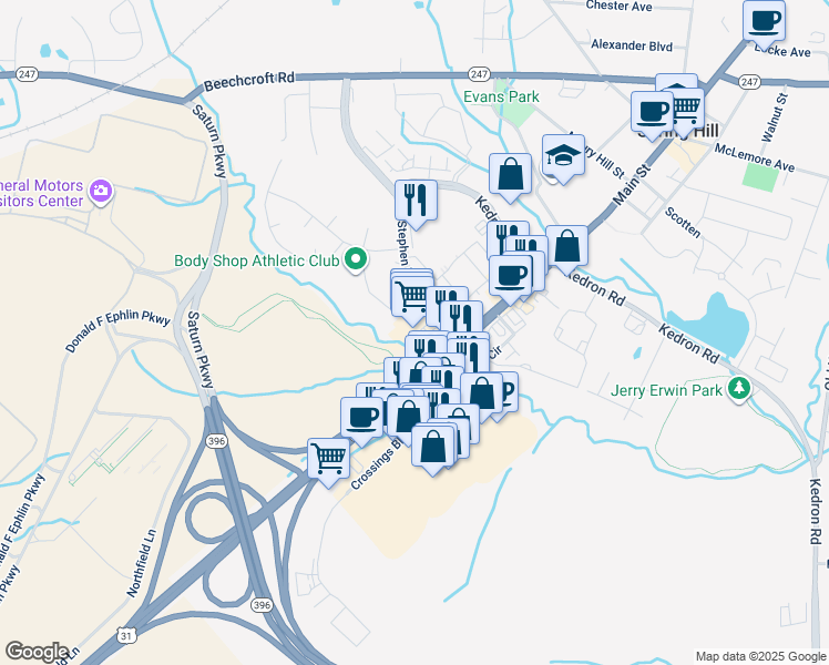 map of restaurants, bars, coffee shops, grocery stores, and more near 5341 Main Street in Spring Hill
