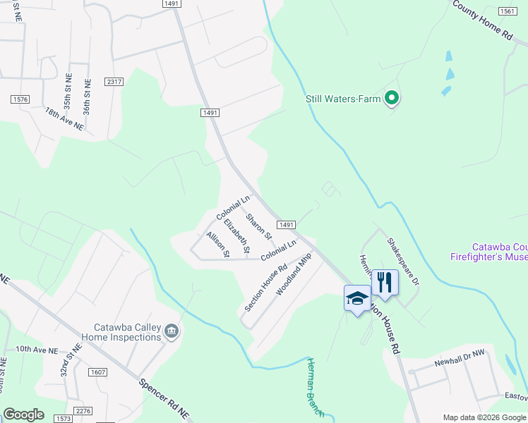 map of restaurants, bars, coffee shops, grocery stores, and more near 4087 Section House Road in Hickory