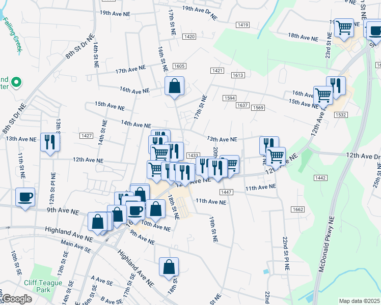 map of restaurants, bars, coffee shops, grocery stores, and more near 1287 18th Street Northeast in Hickory
