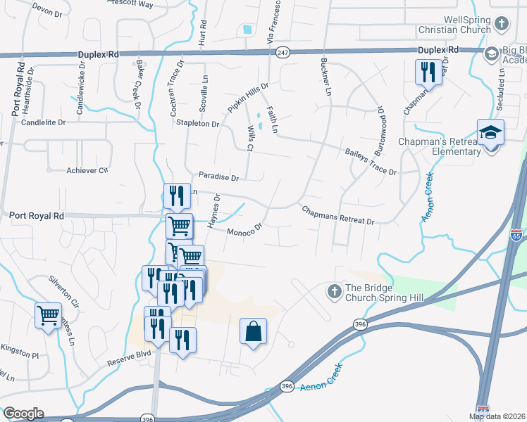 map of restaurants, bars, coffee shops, grocery stores, and more near 2970 Buckner Lane in Spring Hill