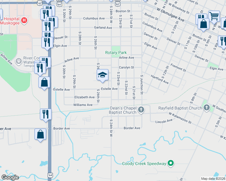 map of restaurants, bars, coffee shops, grocery stores, and more near 901 South 24th Street West in Muskogee