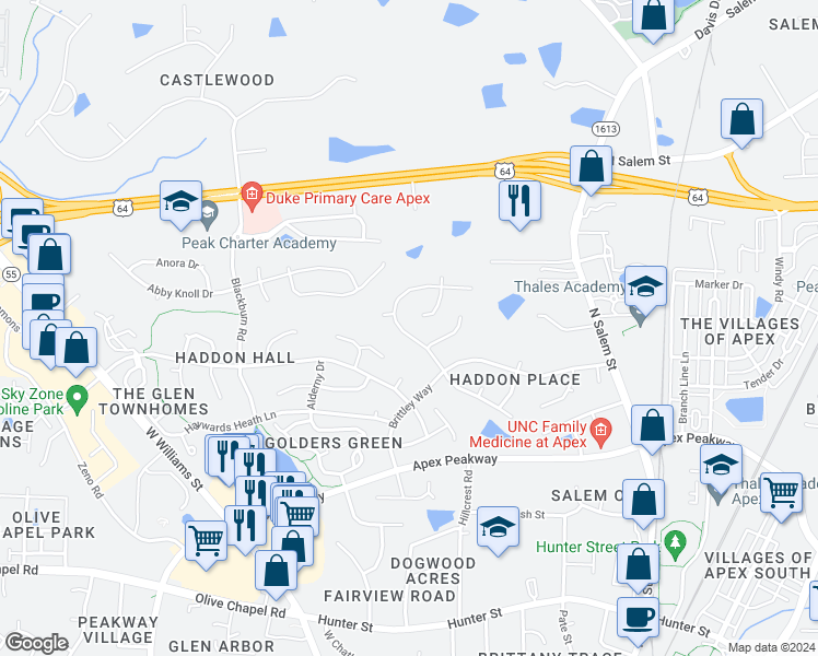 map of restaurants, bars, coffee shops, grocery stores, and more near 1805 Charlion Downs Lane in Apex