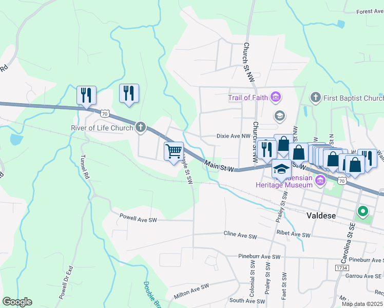 map of restaurants, bars, coffee shops, grocery stores, and more near 827 Main Street West in Valdese