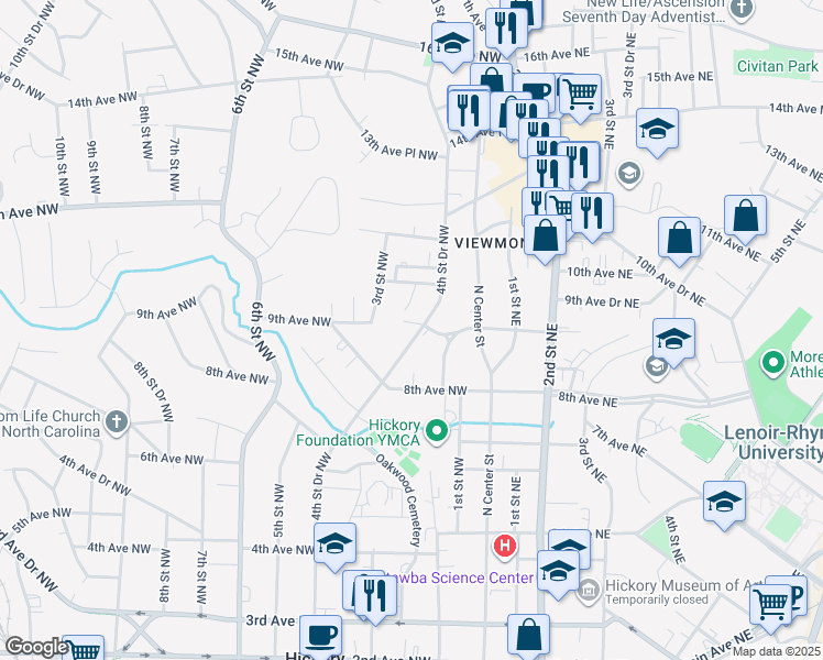 map of restaurants, bars, coffee shops, grocery stores, and more near 873 4th Street Drive Northwest in Hickory