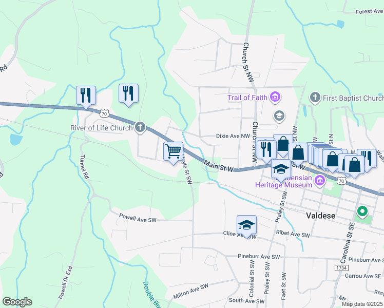 map of restaurants, bars, coffee shops, grocery stores, and more near 827 Main Street West in Valdese