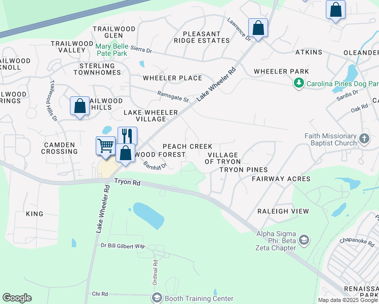 map of restaurants, bars, coffee shops, grocery stores, and more near 1904 Tischer Road in Raleigh