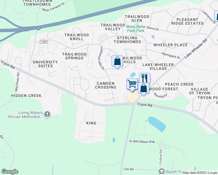 map of restaurants, bars, coffee shops, grocery stores, and more near 3021 Barrymore Street in Raleigh