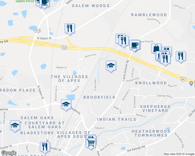 map of restaurants, bars, coffee shops, grocery stores, and more near 1108 Fallen Oak Drive in Apex