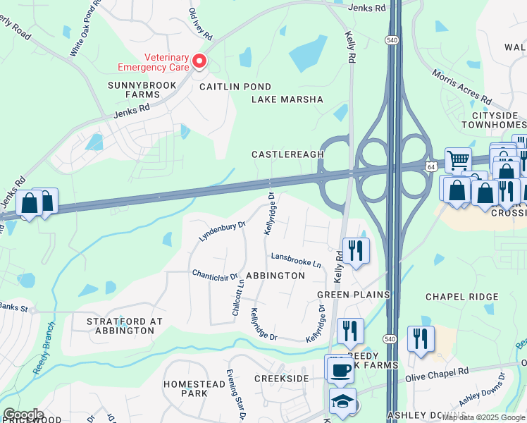 map of restaurants, bars, coffee shops, grocery stores, and more near 104 Lyndenbury Drive in Apex
