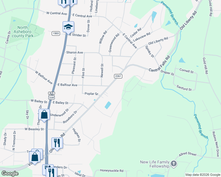map of restaurants, bars, coffee shops, grocery stores, and more near 528 Old Liberty Road in Asheboro
