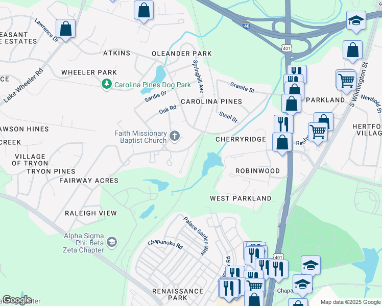 map of restaurants, bars, coffee shops, grocery stores, and more near 811 Suffolk Boulevard in Raleigh