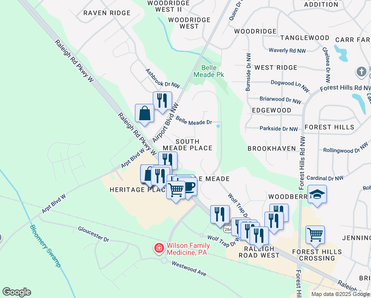 map of restaurants, bars, coffee shops, grocery stores, and more near 3515 South Meade Place Northwest in Wilson