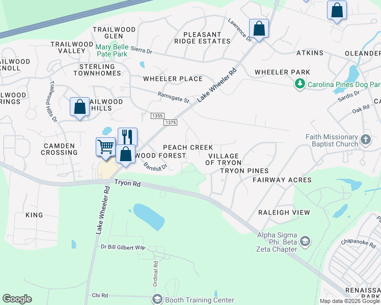 map of restaurants, bars, coffee shops, grocery stores, and more near 1904 Tischer Road in Raleigh