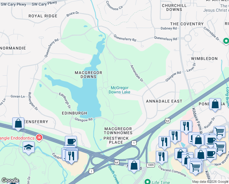 map of restaurants, bars, coffee shops, grocery stores, and more near 116 Lochinvar Court in Cary