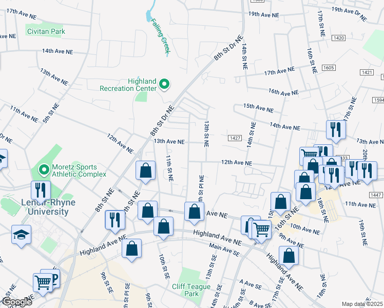 map of restaurants, bars, coffee shops, grocery stores, and more near 1225 13th Street Northeast in Hickory