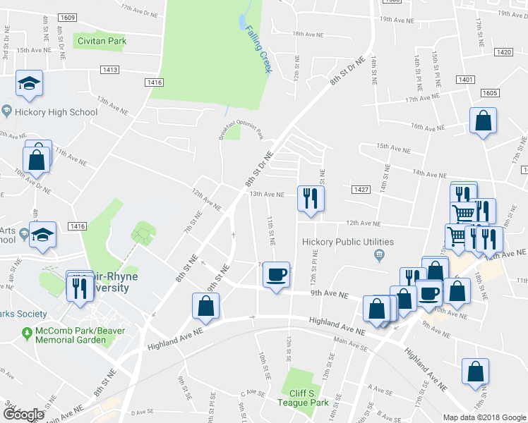 map of restaurants, bars, coffee shops, grocery stores, and more near 1217 11th Street Northeast in Hickory