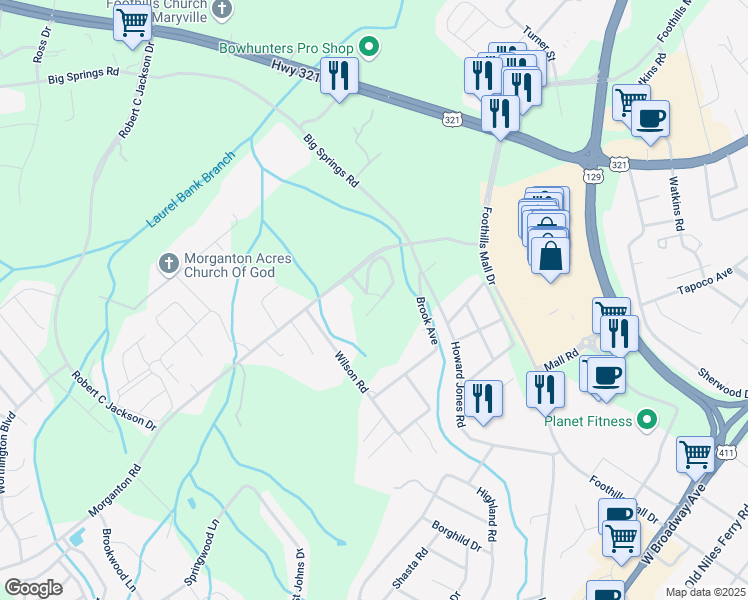 map of restaurants, bars, coffee shops, grocery stores, and more near 110 Foothills Village Circle in Maryville