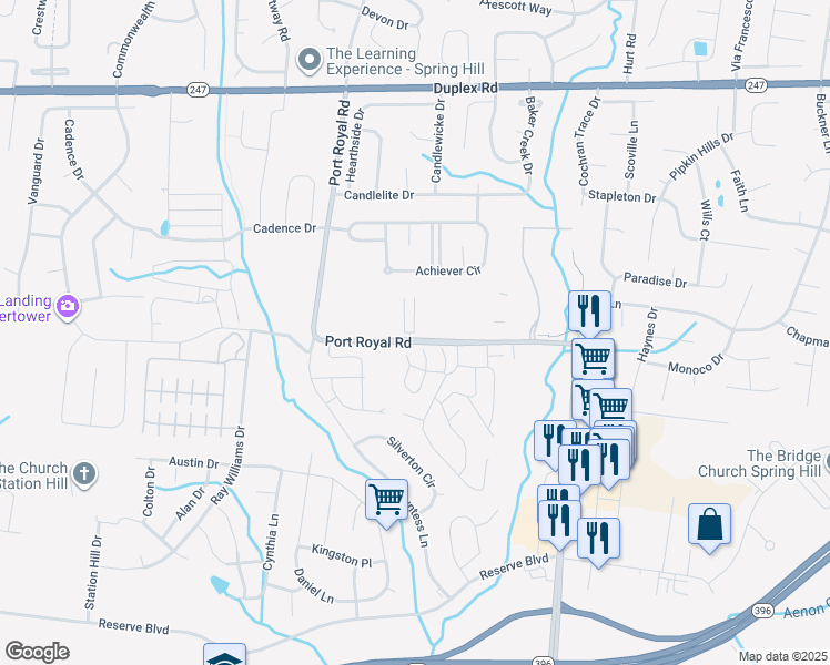map of restaurants, bars, coffee shops, grocery stores, and more near 3000 Spyglass Drive in Spring Hill