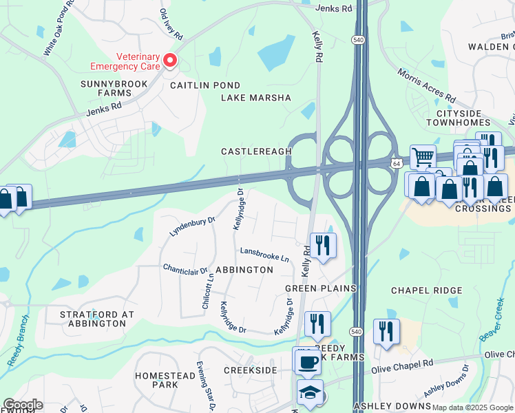 map of restaurants, bars, coffee shops, grocery stores, and more near 105 Chantilly Court in Apex